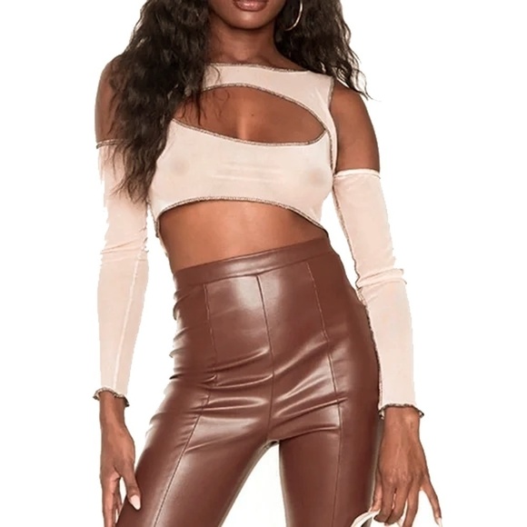 PLT Crop Top Nude Mesh Contrast Stitch Cut Out Cold Shoulder Made in UK - Picture 9 of 11